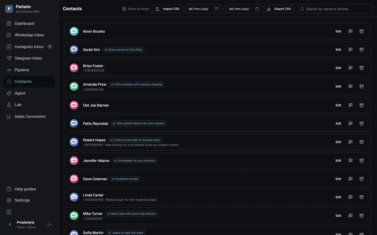 Contacts list: each person carries the tag of the Meta Ads campaign they came from