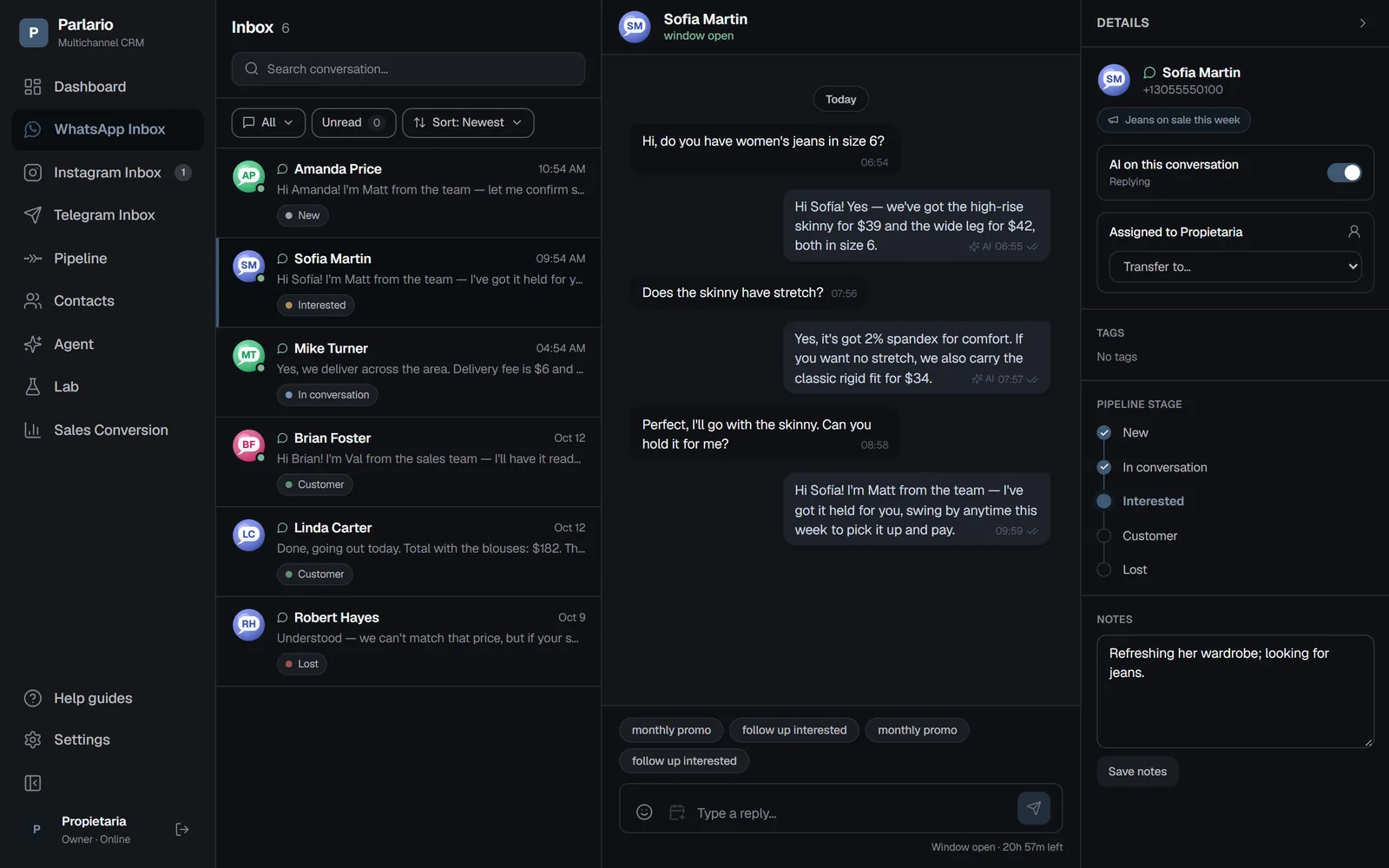 Parlario on a laptop: the inbox with the open conversation and the contact's details.