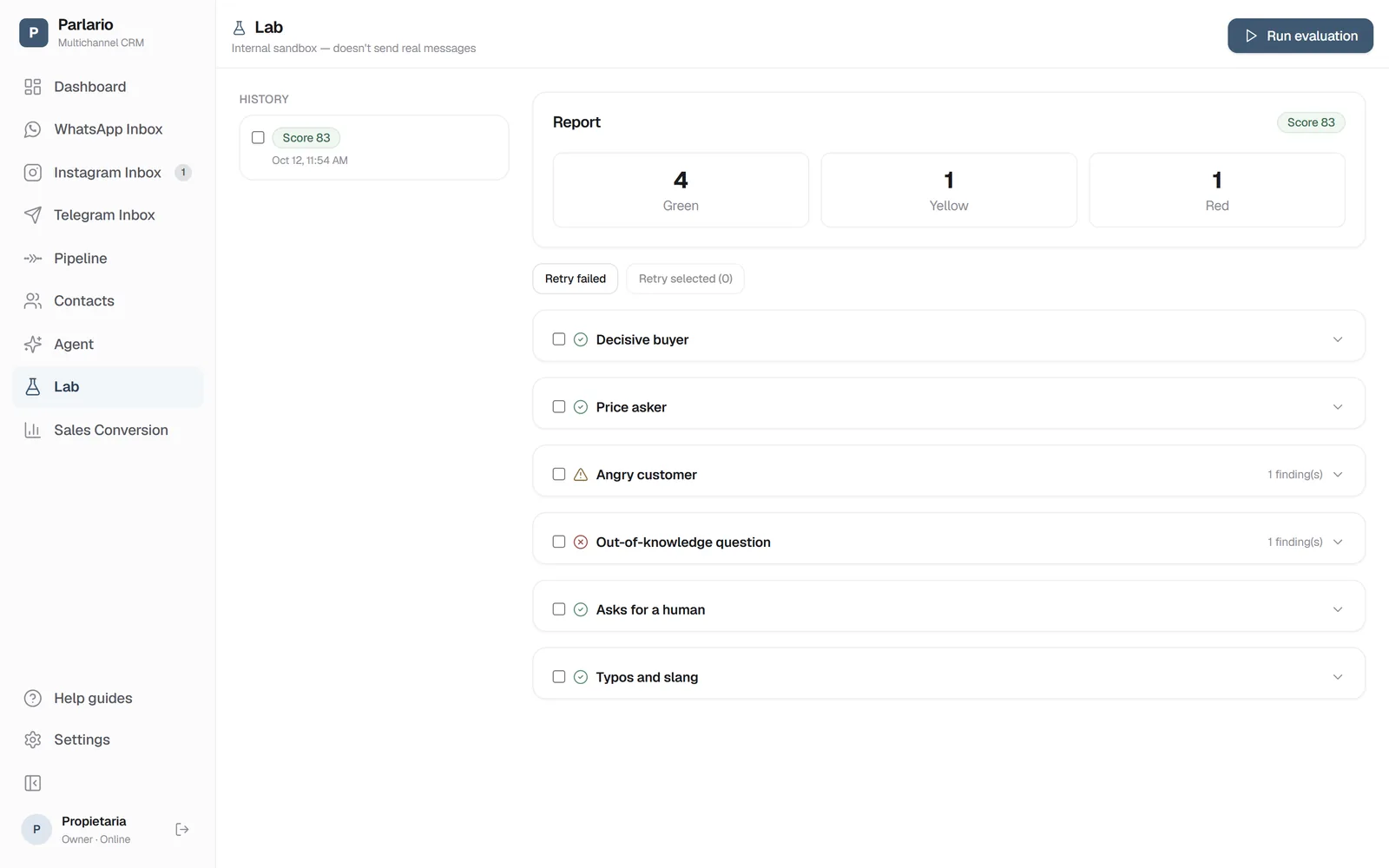 Parlario Laboratorio report: 0-100 readiness score and evidence-backed findings per conversation
