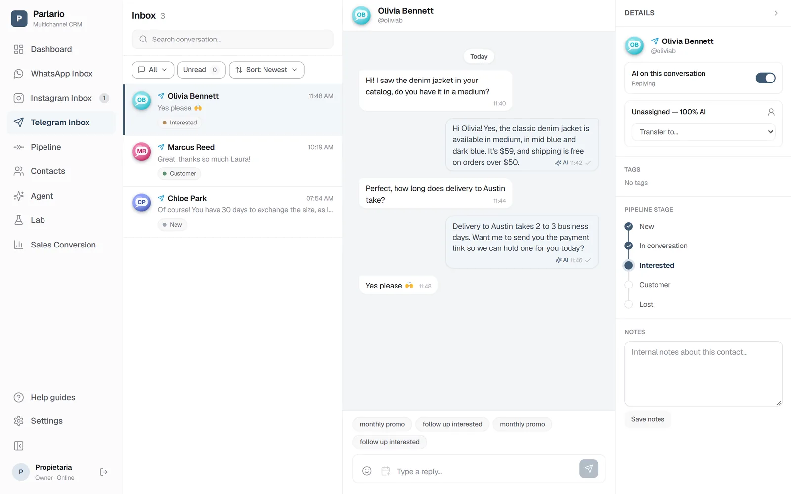 Parlario's Telegram Inbox: the conversation with a customer and the AI agent's replies