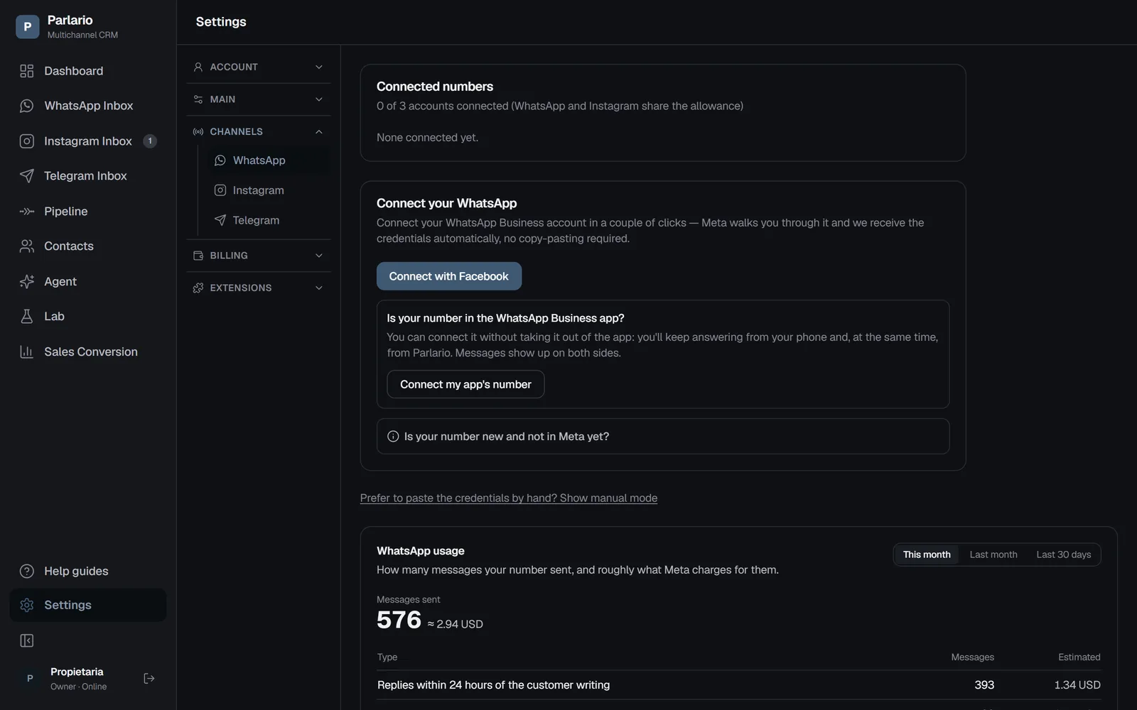Settings → Channels → WhatsApp in Parlario: connected number status, with manual mode available as an alternative