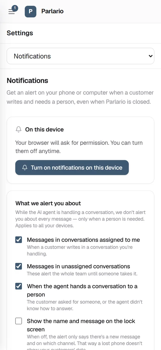 Parlario on a phone: the notification settings for this device.