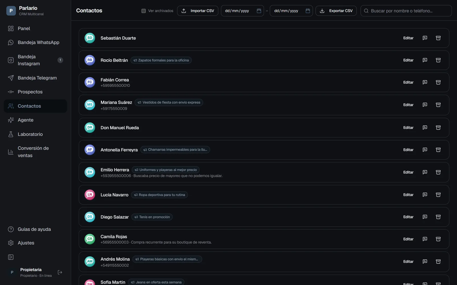 Lista de Contactos: cada persona con la etiqueta de la campaña de Meta Ads por la que llegó