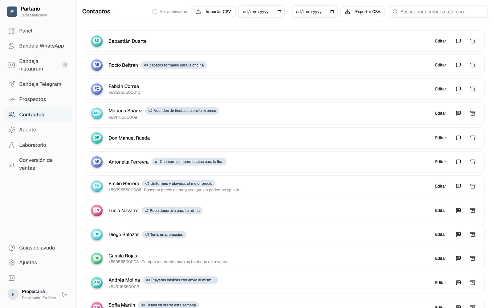 Lista de Contactos: cada persona con la etiqueta de la campaña de Meta Ads por la que llegó