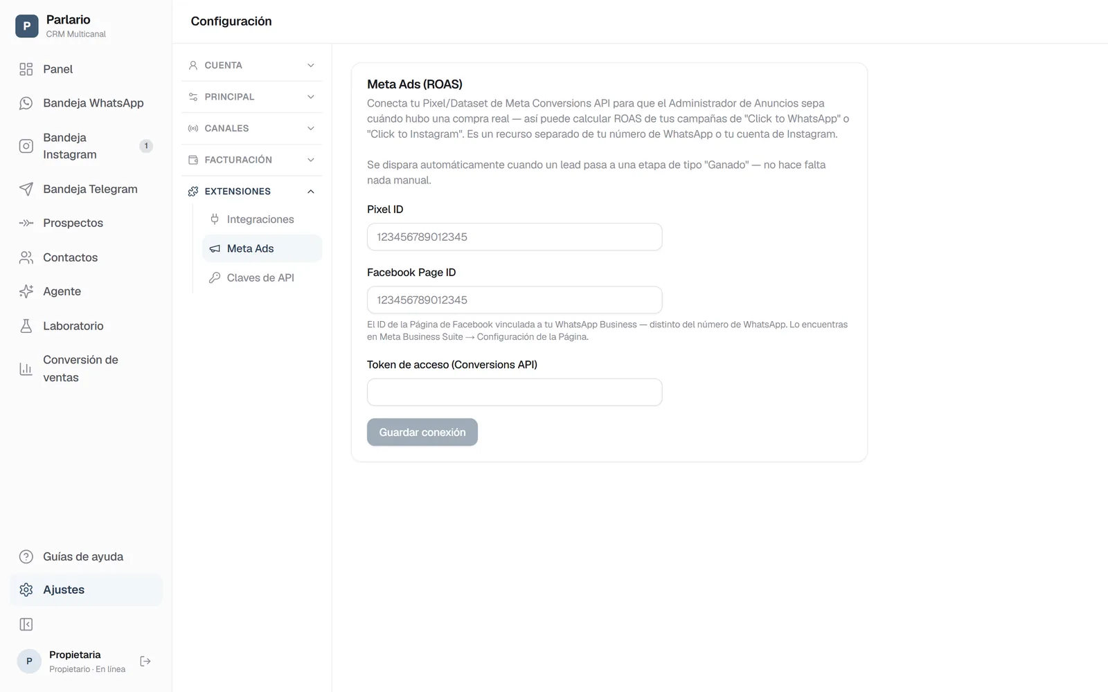Ajustes → Meta Ads en Parlario: conecta tu Pixel y tu token de Conversions API