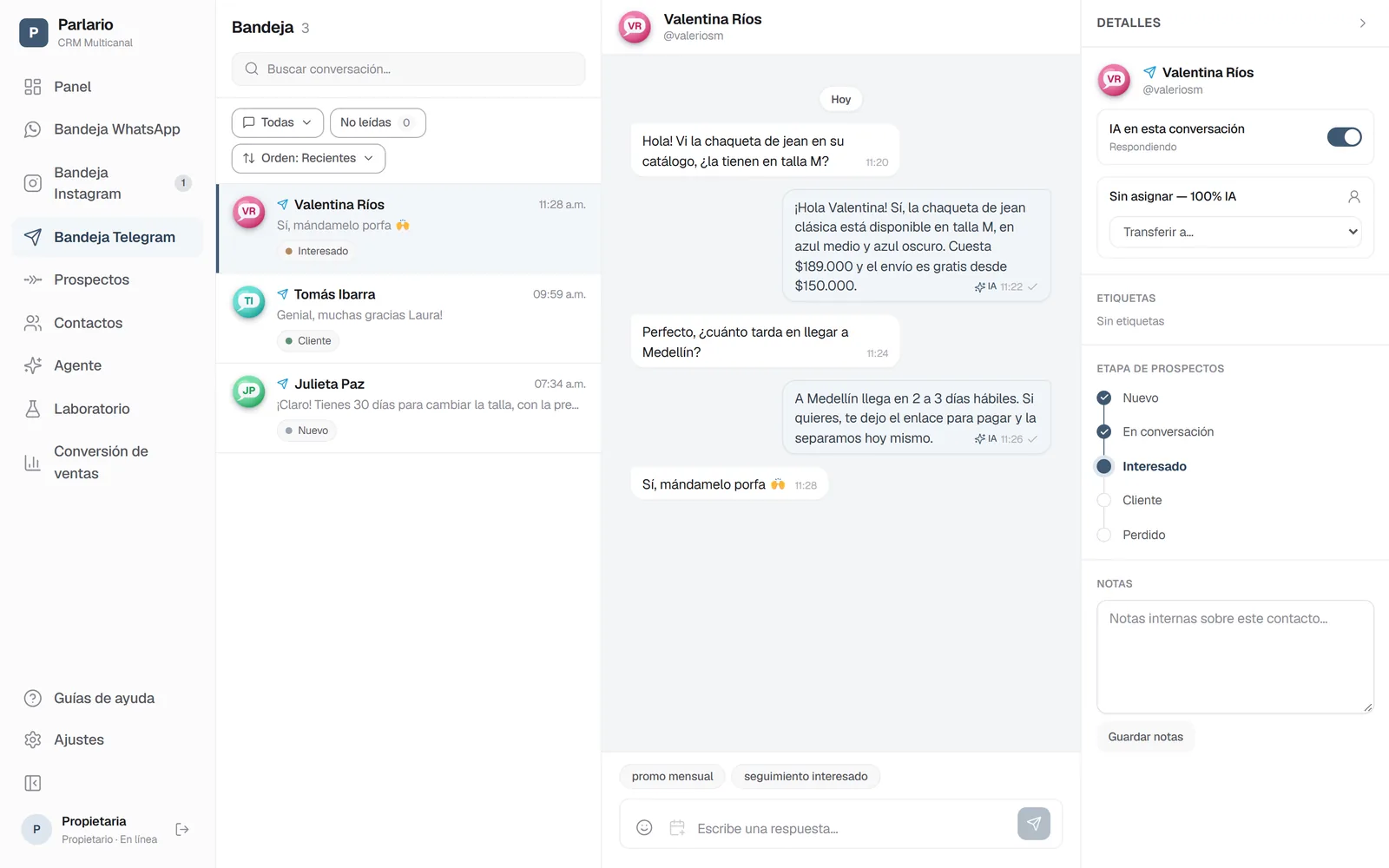 Bandeja de Telegram de Parlario: la conversación con un cliente y las respuestas del agente de IA