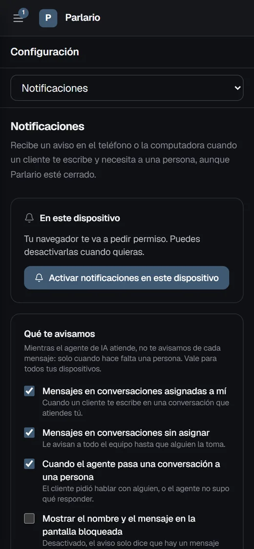 Parlario en el teléfono: la configuración de notificaciones de este dispositivo.