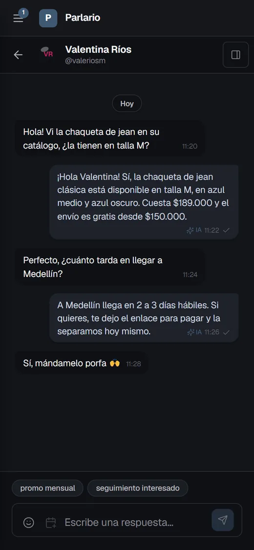 Parlario en el teléfono: una conversación de la Bandeja de Telegram, con las respuestas del agente de IA marcadas.