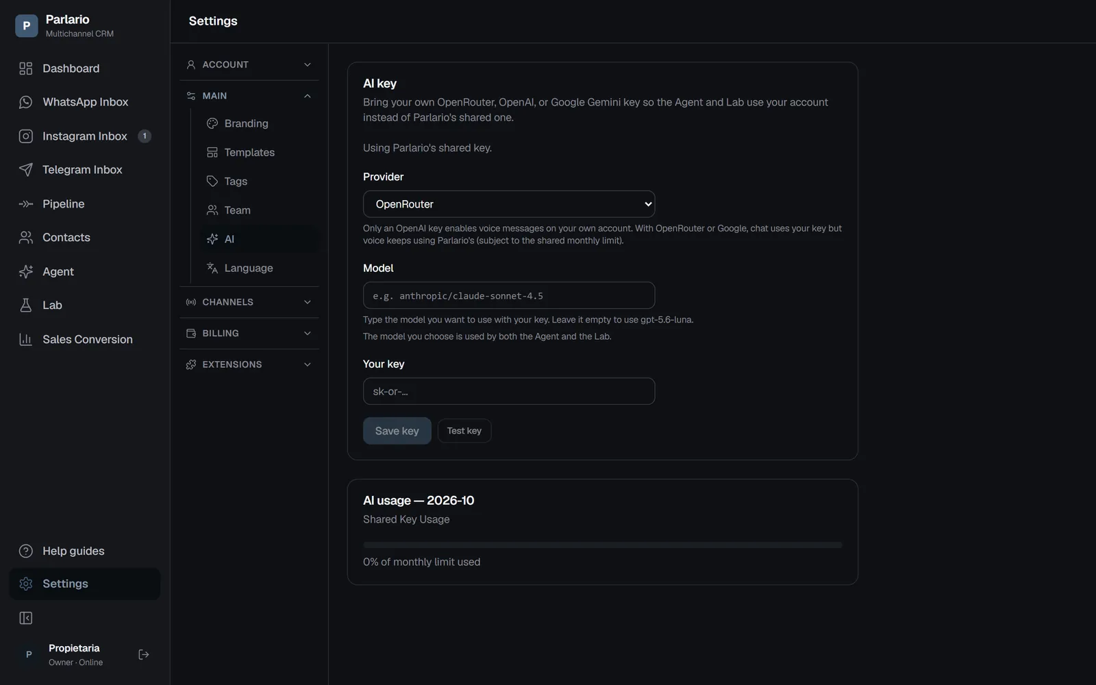 Settings → AI: the provider and your key
