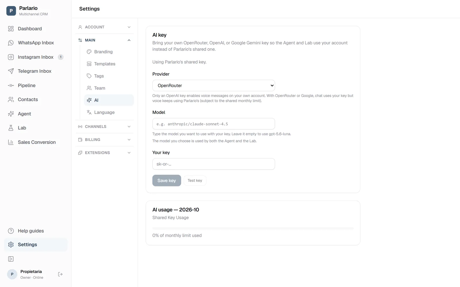 Settings → AI: the provider and your key
