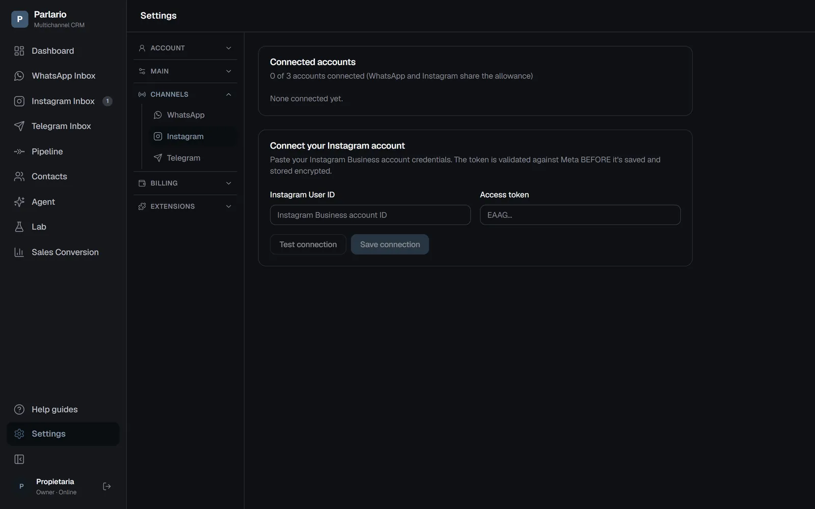 Settings → Channels → Instagram