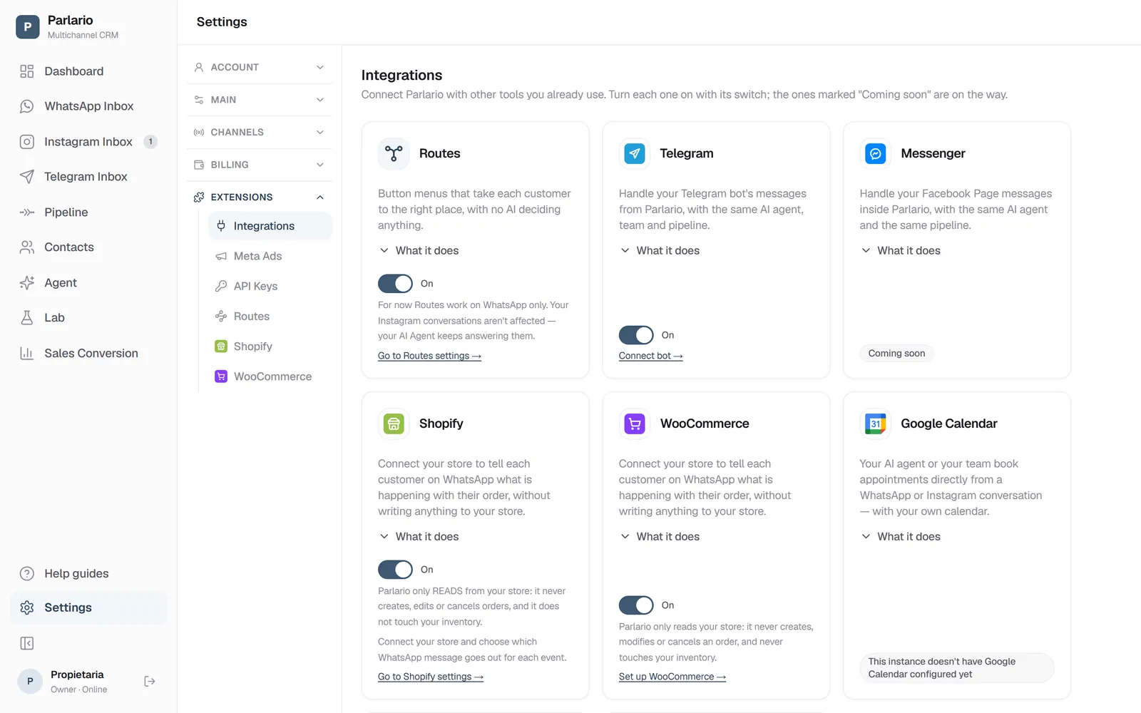 Settings → Integrations: each integration turns on with its switch