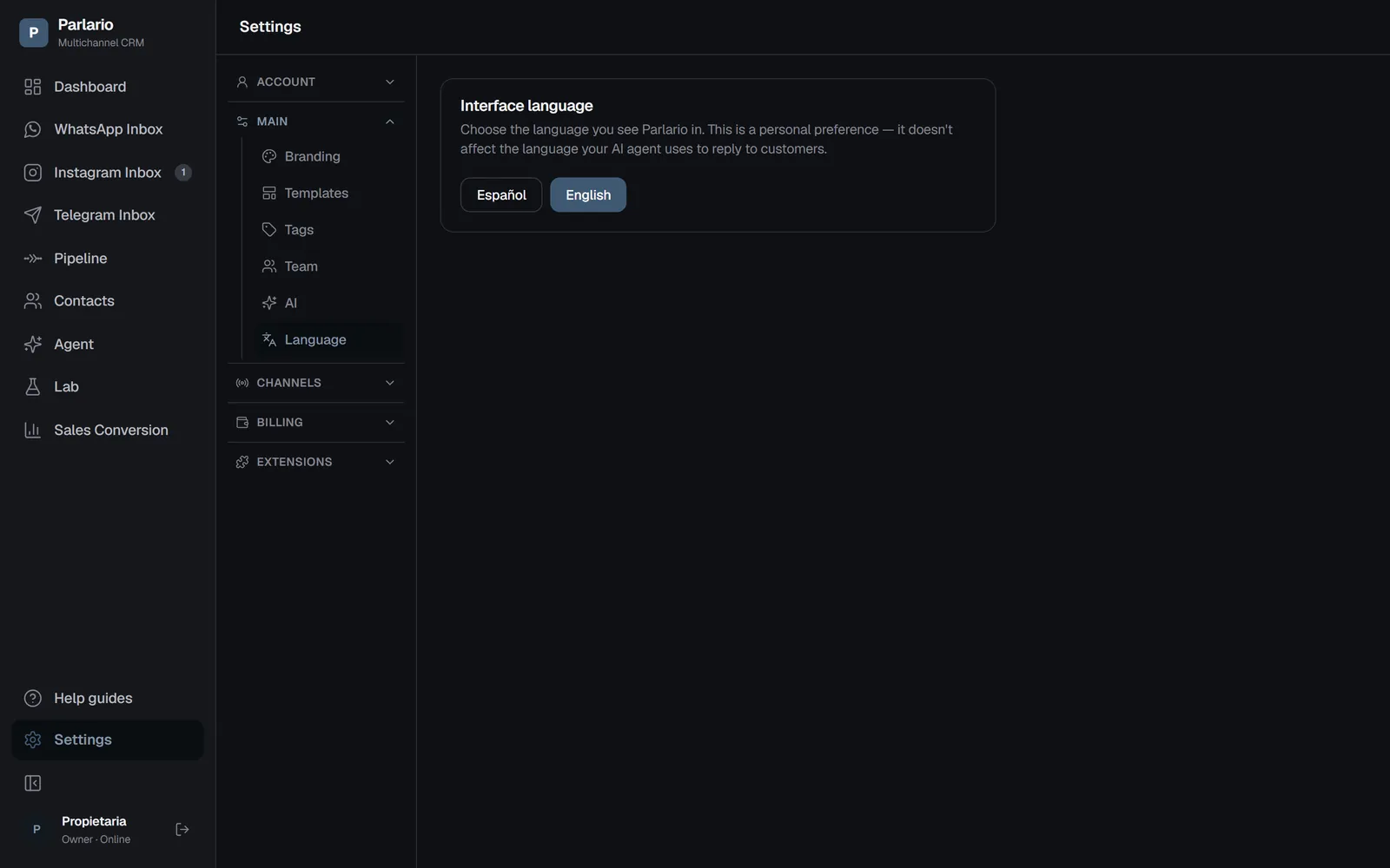 Settings → Language