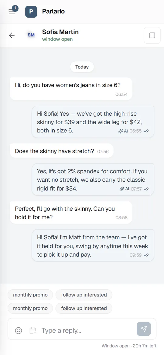 A conversation on the phone, with the AI Agent's replies marked