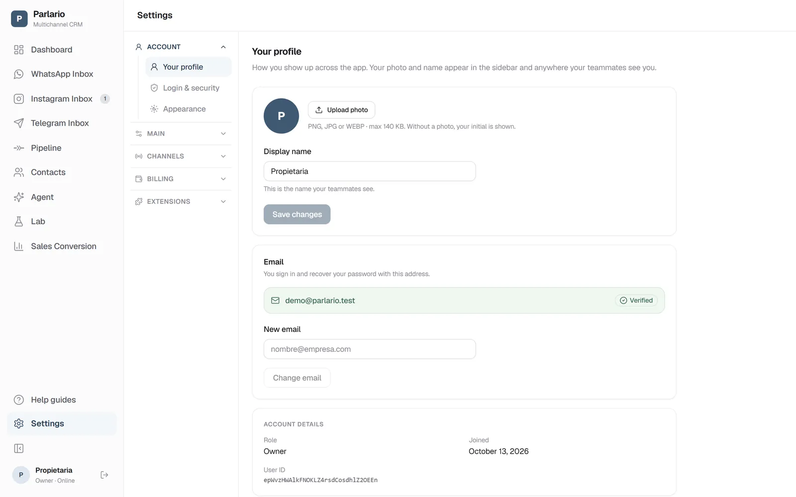 Settings → Your profile