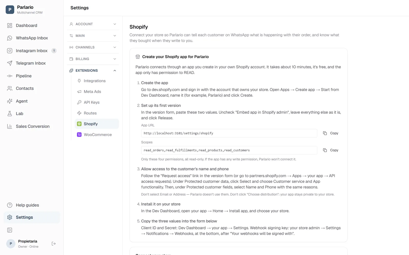 Settings → Shopify