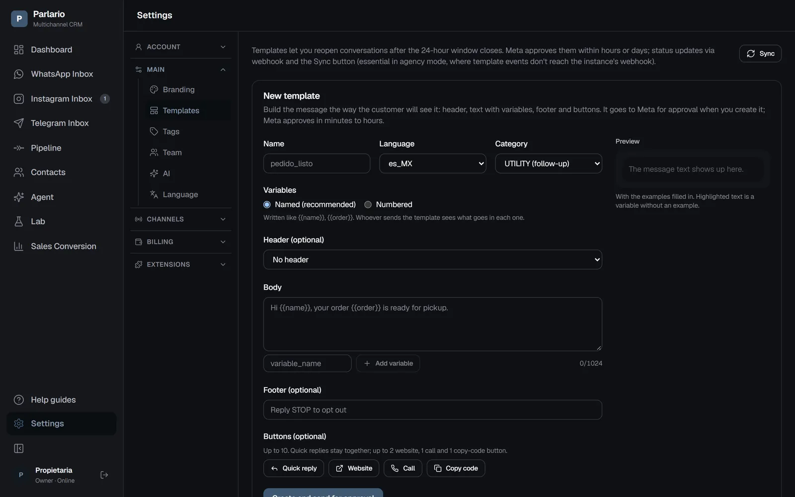 Settings → Templates: the form to create one