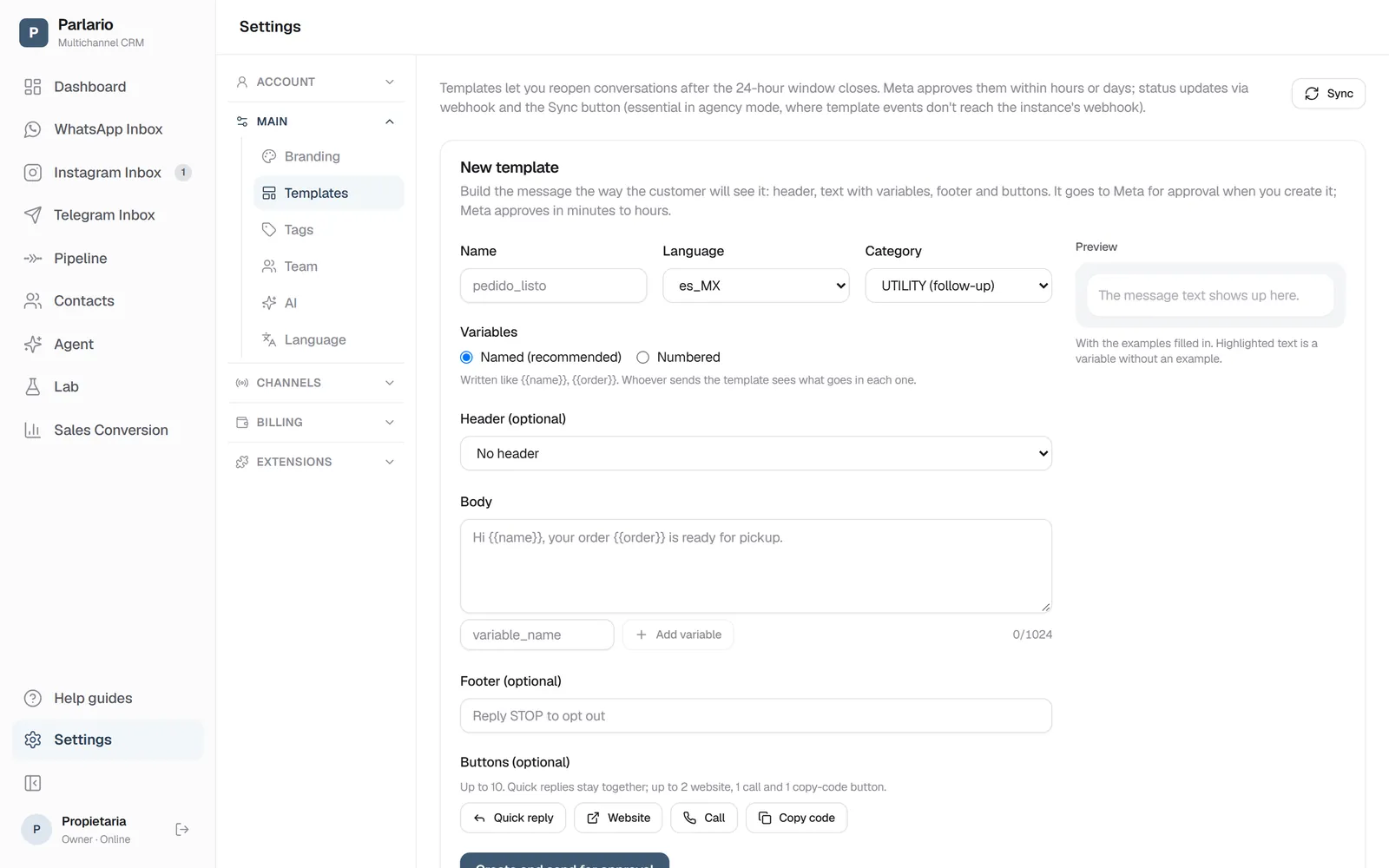 Settings → Templates: the form to create one