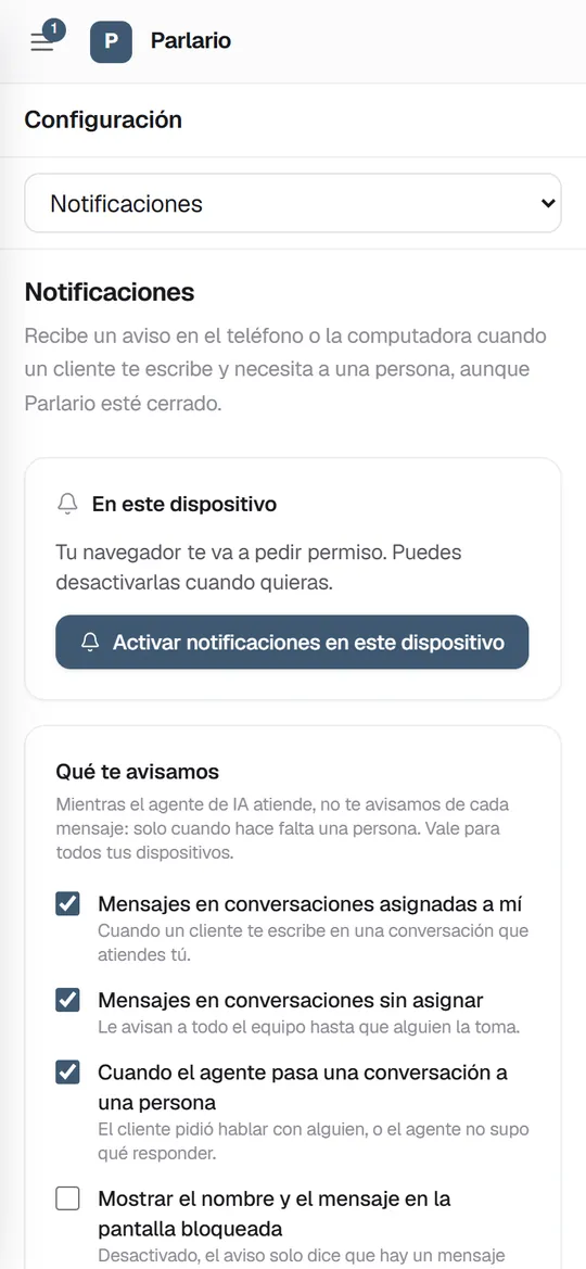 Ajustes → Notificaciones en el teléfono: actívalas en este dispositivo y elige de qué te avisamos
