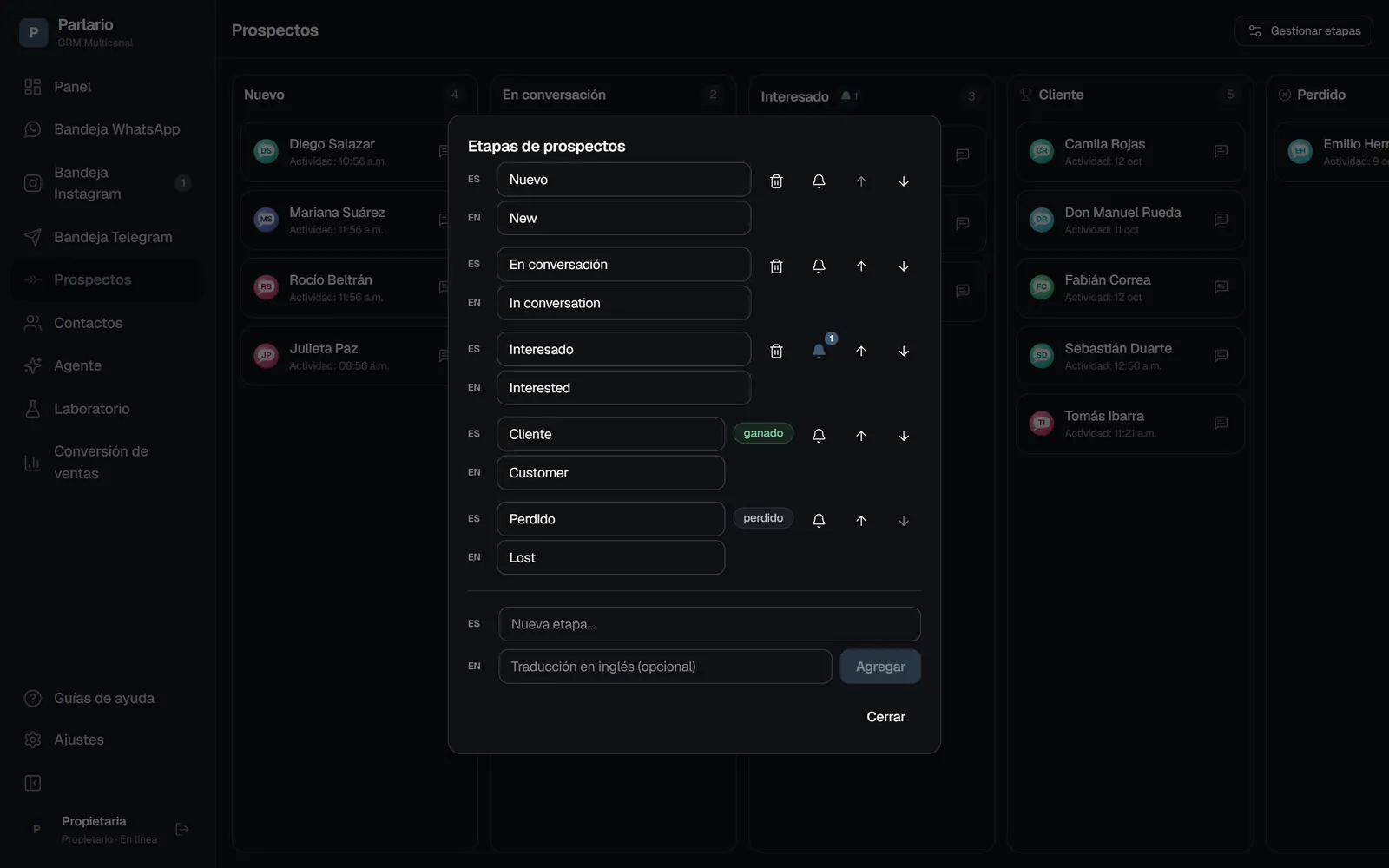Pipeline → Gestionar etapas