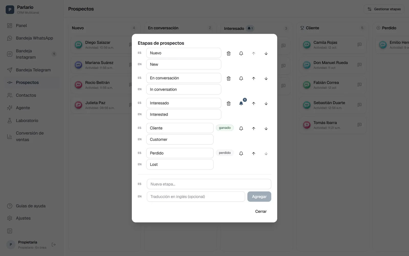 Pipeline → Gestionar etapas