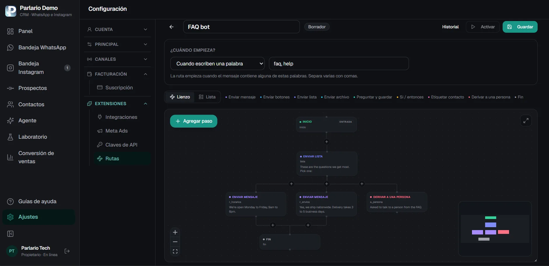 Constructor de Rutas de Parlario: el lienzo con los pasos de una ruta conectados entre sí